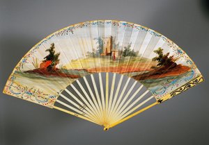 Doppelseitiger Handfächer mit pastoraler Szene, Elfenbein- und Silberrippen, ca. 1760, Rückseite