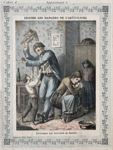 Betrunkener terrorisiert seine Familie, Titelbild eines Schulheftes, ca. 1900 von French School
