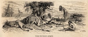 Trunkenheit der Raucher, Zeichnung des Autors, zur Illustration von 3 Jahren Gefangenschaft unter den Patagonen.