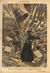Während des Brandes der Kirche von Aubervilliers verletzte der Sturz der Glocken einen Beamten, einen Arbeiter und die Gemeindepflege. Gravur in "Le pelerin" 29.04.1900. Selva-Sammlung.