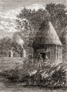 Frühe gallische Häuser, eine runde Hütte mit einem Loch im Dach, um den Rauch des Feuers entweichen zu lassen, aus 