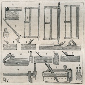 Schreinerei: übliche Werkzeuge, Sägen und Hobeln. Gravur von 1885 in „Les arts et métiers illustrés“ von Adolphe Bitard.