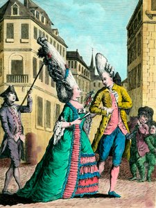 Exzentrische Frisuren im 18. Jahrhundert: die Französin beim Spaziergang. Gravur des 18. Jahrhunderts. Private Sammlung. von French School