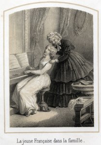 Erziehung für junge Mädchen aus guten Familien: Eine junge Französin, die auf dem Klavier sitzt, wird von ihrer Haushälterin übernommen. Anonyme Gravur des 19. Jahrhunderts von French School