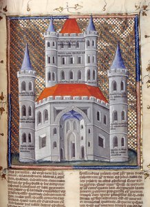 Erhebung der Fassade des Tempels von Salomo in Jerusalem Miniatur aus „Kommentare der Bibel“ von Nicholas von Lyra (13. Jahrhundert) 14. Jahrhundert Cambrai, Stadtbibliothek