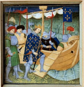Einschiffung von Saint Louis (Ludwig IX.) (1214-1270) für den 7. Kreuzzug. Miniatur der französischen Schule