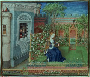 Emelye in ihrem Garten. Die gefangenen Ritter Palamon und Arcite, aus den Stunden des Herzogs von Burgund von French School