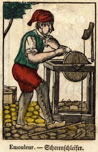 Schleifer (besteht im Schärfen von Objekten mit dem Schleifrad); Serie über Handwerke, Epinal-Bild 19. Jahrhundert