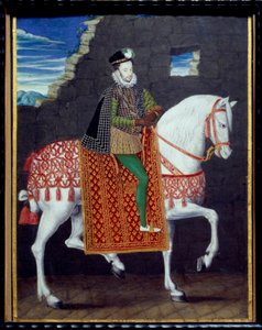 Reiterporträt von Heinrich III., König von Frankreich. Anonymes Gemälde in Gouache von French School