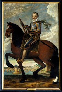 Reiterporträt von Heinrich IV. (1553-1610), König von Frankreich, vor der Pont Neuf in Paris. Anonymes Gemälde des 17. Jahrhunderts. Öl auf Leinwand. Pflichtangabe: Sully sur Loire, Schloss Sully von French School