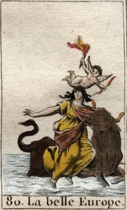 Europa wird von Zeus in Gestalt eines Stiers entführt. Aus „Mythologie der Jugend“ von Pierre Blanchard 1803.