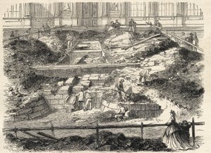 Ausgrabungen im Cour Carrée du Louvre - Entdeckung der Fundamente des ehemaligen Turms von Philippe Auguste - Ausgrabungen im Hof des Louvre - Freilegung der Fundamente des ehemaligen Turms Philippe-Auguste - Gravur in „Le monde illustré“