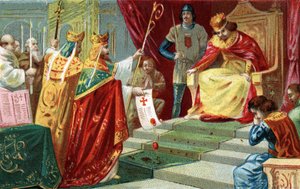 Exkommunikation von Robert II. dem Frommen im Jahr 998. Der König von Frankreich, Sohn von Hugues Capet, verliebt sich und heiratet seine Cousine Berthe von Burgund trotz der Missbilligung von Papst Gregor V., der ihn auch exkommuniziert. Chromolithographi