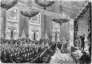 Physikalische Experimente durchgeführt von Henri Robin (ca. 1803-1874) zu Ehren der besten Schüler der Gymnasien von Paris, eine Vorstellung, die vom Prinzenimperial im Palais des Tuileries am 27. Januar 1865 angeboten wurde. Anwesend sind: der Prinzenimpe von French School