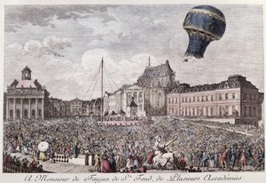 Experiment in Versailles der Brüder Montgolfier mit dem Flug eines Hahns, einer Ente und eines Schafs in einem Montgolfiere-Heißluftballon am 19. September 1783