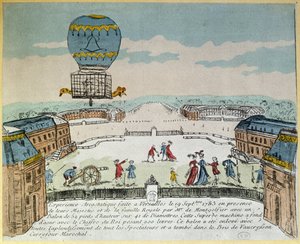 Experiment in Versailles der Brüder Montgolfier mit dem Flug eines Hahns, einer Ente und eines Schafs in einem Montgolfiere-Heißluftballon am 19. September 1783 von French School