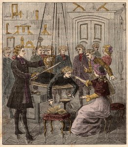 Experiment zur Elektrizität von Abbe Jean Antoine (Jean-Antoine) Nollet (1700-1770) - Elektrisches Experiment an einem Mann durchgeführt von Abbe Jean Antoine Nollet (1700-70) in einem Physikerkabinett - Gravur in „Sciences à la gratete de tous - physics e von French School
