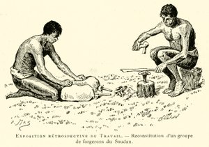 Retrospektive Ausstellung der Arbeit, Rekonstruktion einer Gruppe von Schmieden aus dem Sudan (Gravur) von French School