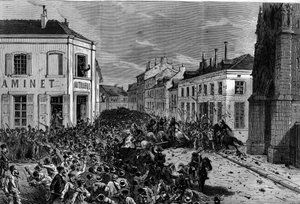 Vertreibung der Maristen von Tourcoing nach den Dekreten vom März 1880, erlassen von Jules Ferry, die Mitgliedern nicht autorisierter religiöser Kongregationen das Recht zu lehren entzogen: Die Polizei zerstreute die Reiter, die gegen die Vertreibung der M
