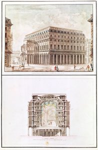 Außen- und Querschnitt des Innenraums des Théâtre des Variétés, 6 rue de Richelieu von French School