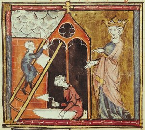 F.235v König Ludwig VI. (1080-1137) beobachtet den Bau einer Kirche, aus den Grandes Chroniques de France, 1375-79
