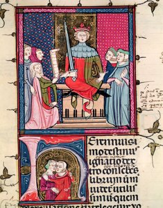 F.39r Ehegesetz, eine ehebrecherische Frau vor Gericht, aus Justiniani in Fortiatum von French School