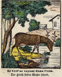 Fabeln von La Fontaine: Der Hirsch, der sich im Wasser sieht (Bild von Epinal, erste Hälfte des 19. Jahrhunderts) von French School
