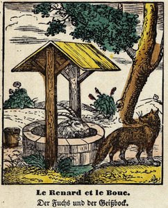 Fabeln von La Fontaine: Der Fuchs und das Gute. Bild von Epinal, erste Hälfte des 19. Jahrhunderts