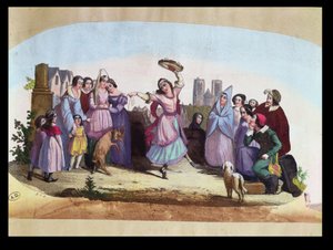 Fandesign, das eine Szene aus La Esmeralda, einer Oper von Louise-Angélique Bertin (1805-77) nach dem Roman von Victor Hugo (1802-85) um 1836 darstellt