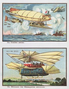 Fantasiemalereien einer Luftschlacht und eines Frachtflugzeugs im Jahr 2000 von French School