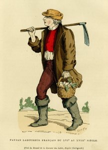 Bauerntracht aus dem 17. bis 18. Jahrhundert. Farbige Gravur nach einer Zeichnung von Chevignard, in „Frankreich und die Franzosen durch die Jahrhunderte“ von Augustin Challamel, F.Roy Herausgeber, Paris 1882. Selva Sammlung.