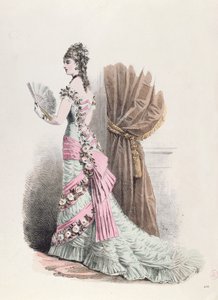 Modeplatte einer Frau im Abendkleid mit Fächer, 1877 (Farbstich) von French School