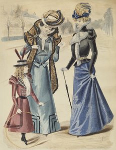 Modeplatte, auf dem Boulevard, Illustration aus La Nouvelle Mode, 1897 (Farbstich)