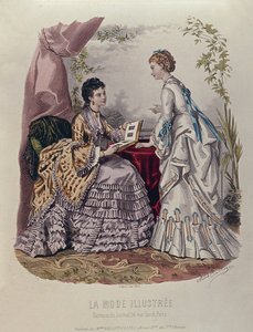 Modeplatte mit Damen in Kleidern von Mme Breant-Castel, die Fotoalben betrachten, 1872