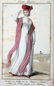 Mode unter dem Direktorium: elegante junge Frau in einem Pariser Anzug: Kokarde aus Blättern auf englischem Hut, Kleid mit Koblentz-Falten. Anonyme Gravur. 1797