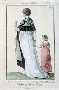Mode unter dem Direktorium: elegante junge Pariserin mit Titus-Frisur, Gazemantel mit Spitze. 1797. Paris, Kostümmuseum