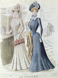 Modische Damen am Fahrkartenschalter des Gare du Nord in Paris, ca. 1900