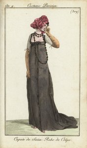 Modische Frau mit Satinbonnet und Kreppkleid von French School