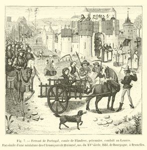 Ferrant von Portugal, Graf von Flandern, Gefangener, zum Louvre gebracht, Faksimile einer Miniatur aus den Chroniken von Hainaut, Manuskript des 15. Jahrhunderts, Bibliothek von Burgund, in Brüssel