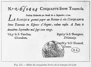 Fünfzig Pfund französischer Banknote der Law Bank, datiert 2. September 1720