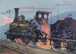 Kampf zwischen Jacques Lantier (1840-70) und Pecqueux im Zug, Le Lison, Szene aus La Bête Humaine von Emile Zola (1840-1902) von French School