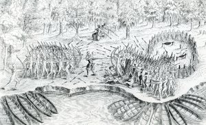 Kampf der Huronen, aus Voyage de Champlain in 1624 von Samuel de Champlain von French School