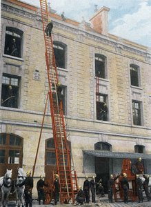 Feuerwehrleute von Paris. Die große Leiter des Gugumus-Systems, gezogen von zwei Pferden; auf ihrem Vorderwagen sind der Fahrer und die drei Pioniere, die sie manövrieren müssen.