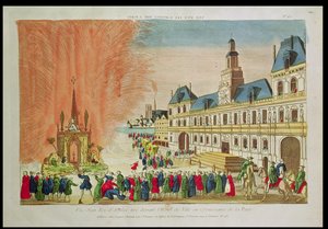 Feuerwerk vor dem Hôtel de Ville in Paris zur Feier des Friedens von Versailles, 1783