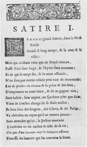 Erste Seite der Satiren von Nicolas Boileau, bekannt als Boileau-Despréaux, veröffentlicht 1685
