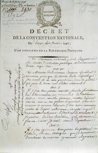 Erste Seite des Dekrets des Nationalkonvents vom 27.07.1793 zur Einrichtung des Palais du Louvre als Museum