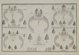 Fünf hinduistische Kulte: Shiva, Krishna, Vishnu, Brahma und Muttergöttin aus dem Gentil-Album, veröffentlicht 1774