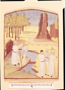 Fünf Personen diskutieren über Gartengestaltung, aus Livre des Prouffitz Champestres von Pietro de Crescenzi von French School
