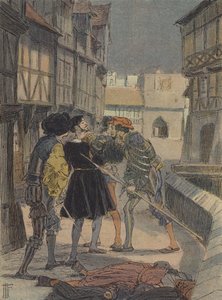 Florentiner Goldschmied und Bildhauer Benvenuto Cellini, umgeben und bedroht von einer Gruppe von Männern (Farblithografie) von French School