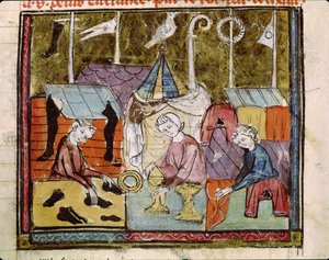 Fol.122v Kaufleute auf der Lendit-Messe bei St. Denis, aus den Grandes Chroniques de France, 1375-79 von French School